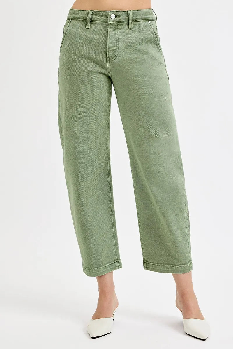 Tummy Control High Rise Crop Barrel Jeans Plus Size in Olive for Women