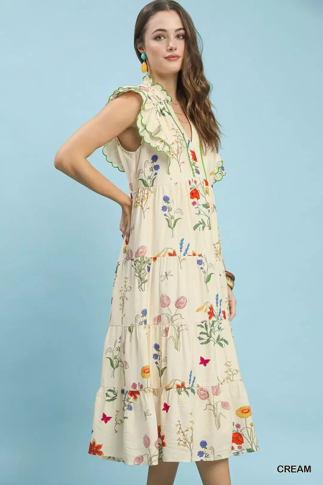 Floral Ruffle Tiered Midi Dress with Scalloped Detail in Cream for Women