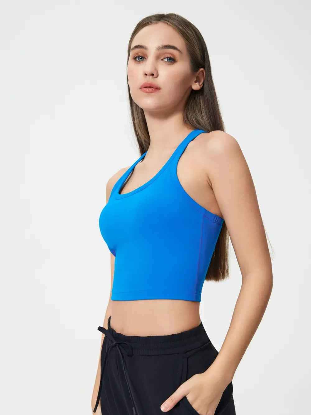 Scoop Neck Active Tank with Detachable Chest Pads in Royal Blue for Women