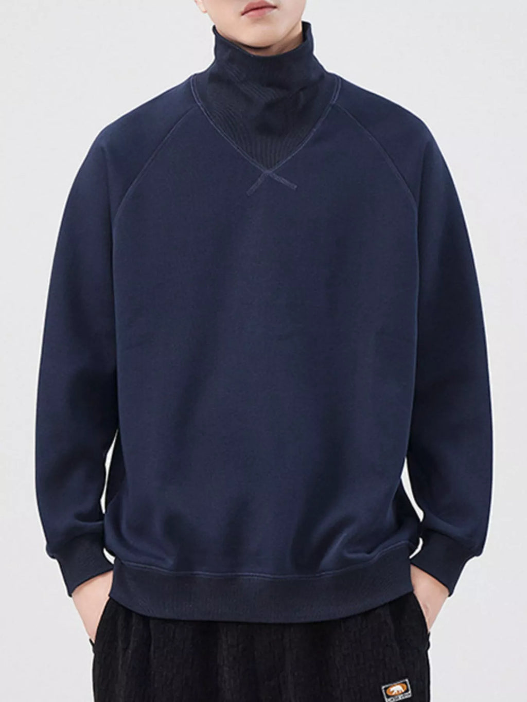 Plus Size Turtleneck Long Sleeve Sweatshirt in Deep Navy Blue for Men