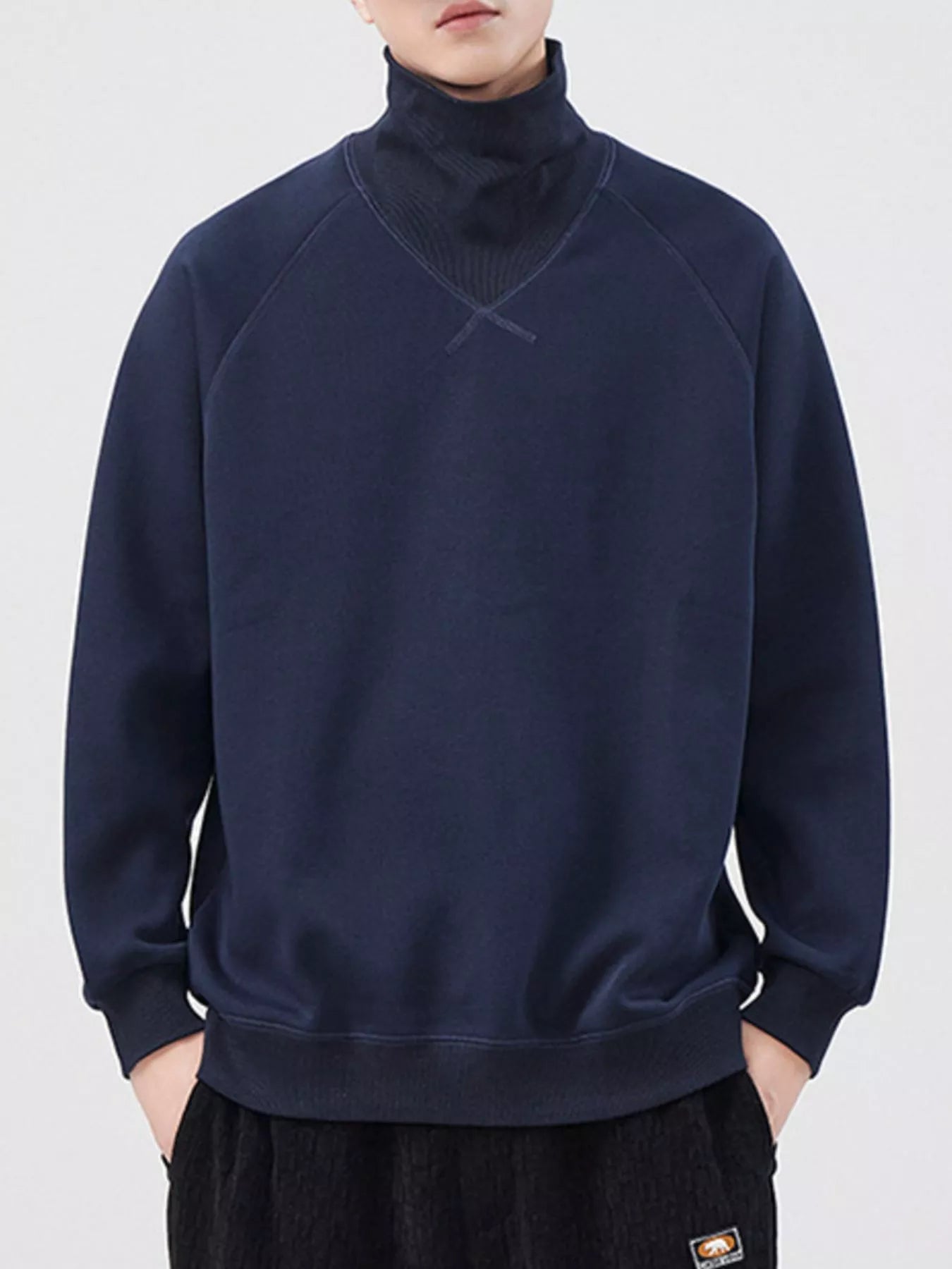 Plus Size Turtleneck Long Sleeve Sweatshirt in Deep Navy Blue for Men