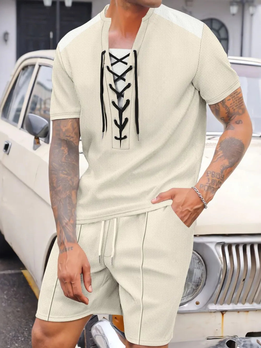 Lace-Up Waffle Knit Top and Shorts Set Plus Size in Black for Men