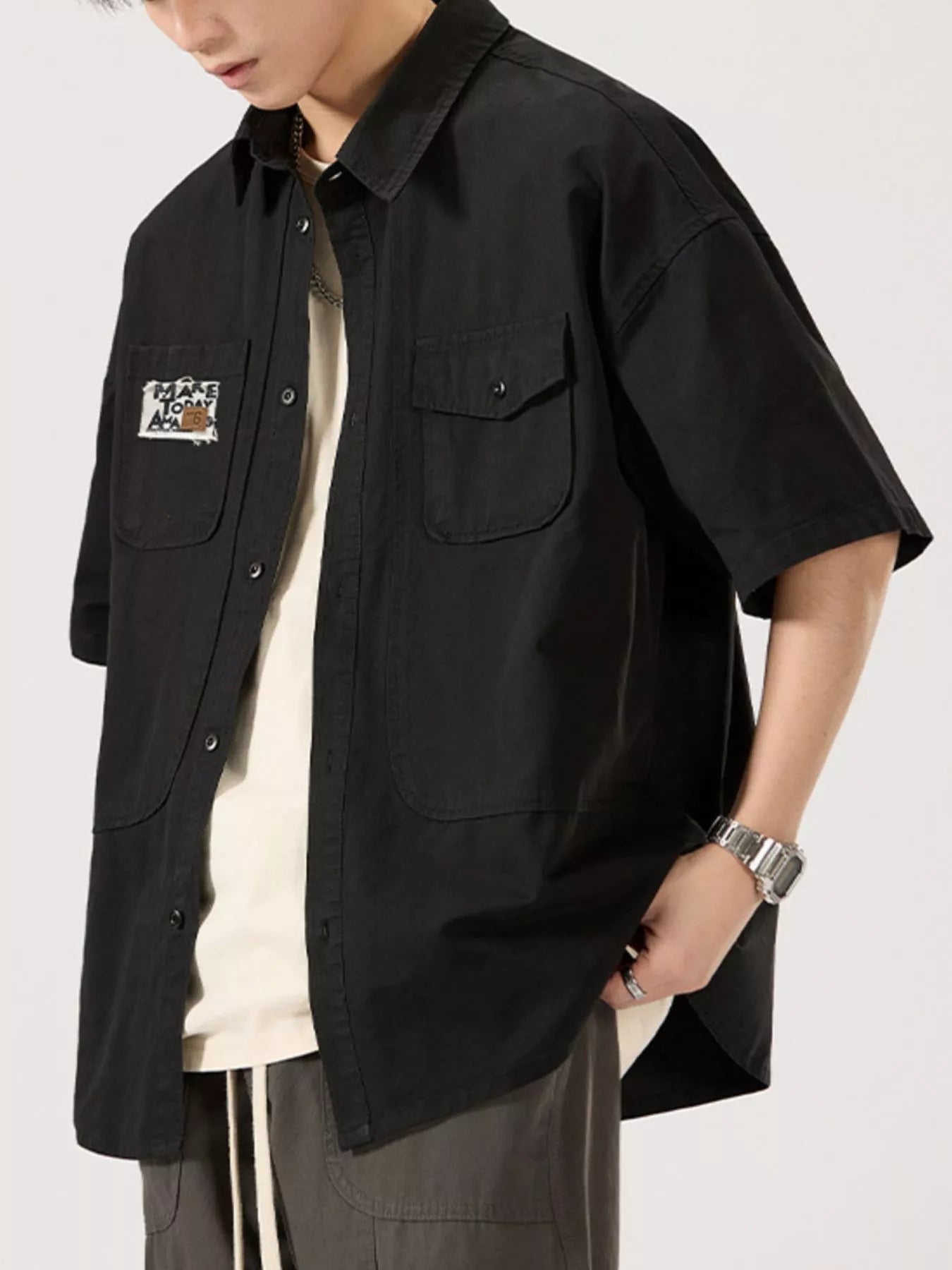 Button Up Short Sleeve Shirt Plus Size in Army Green for Men