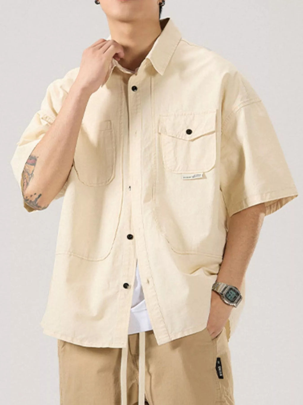 Button Up Half Sleeve Shirt Plus Size in Light Apricot in Black for Men
