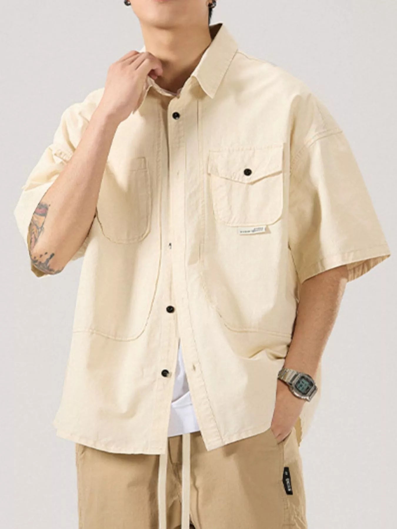 Button Up Half Sleeve Shirt Plus Size in Light Apricot in Black for Men