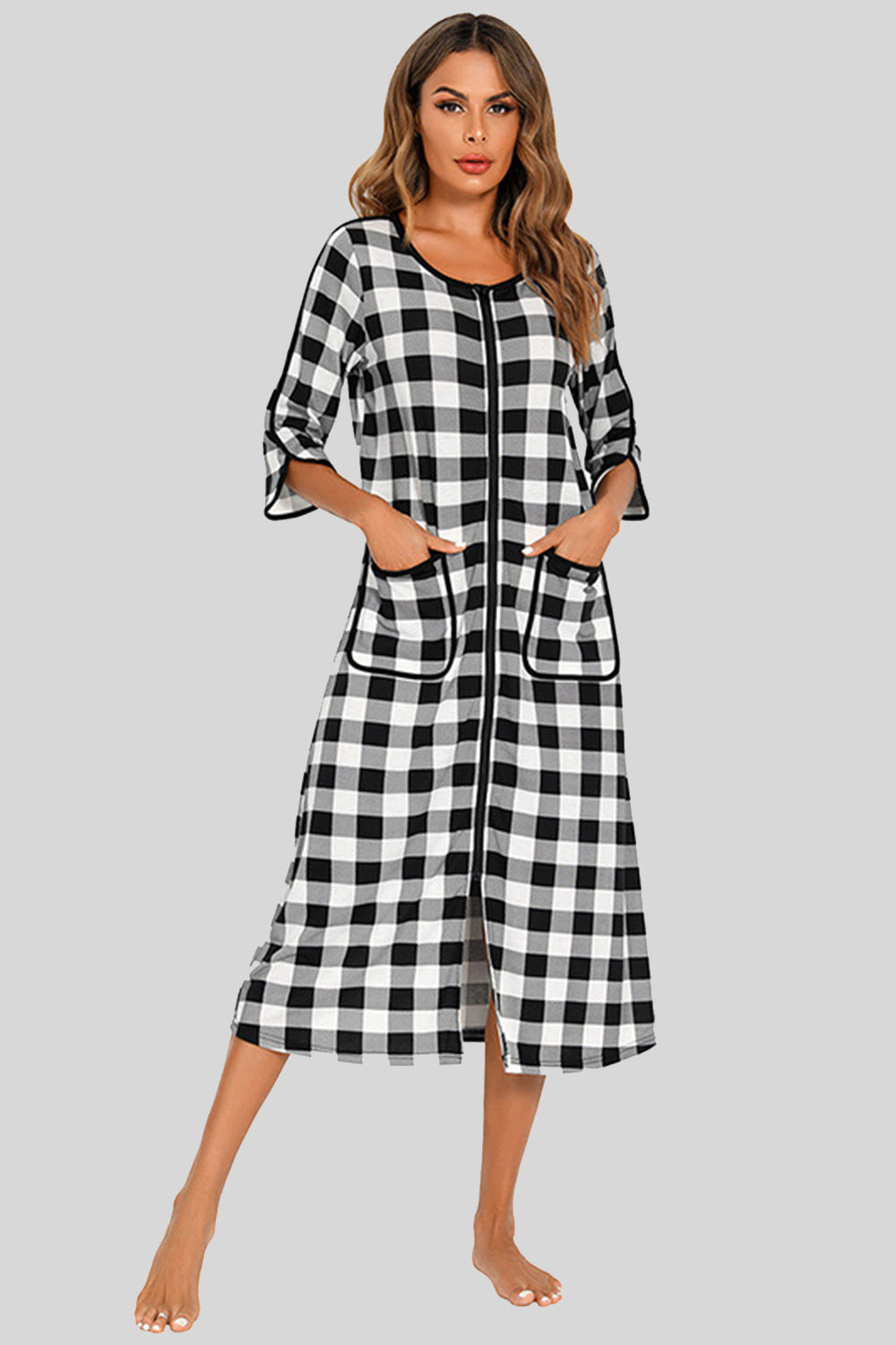 Round Neck Three-Quarter Sleeve Midi Night Dress in Red for Women
