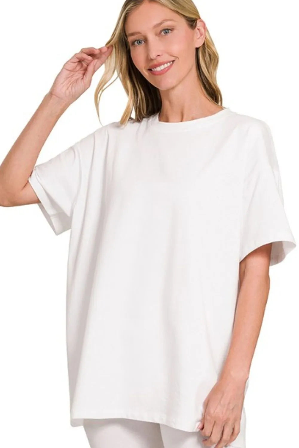 Cotton Round Neck Top & Biker Shorts in White for Women