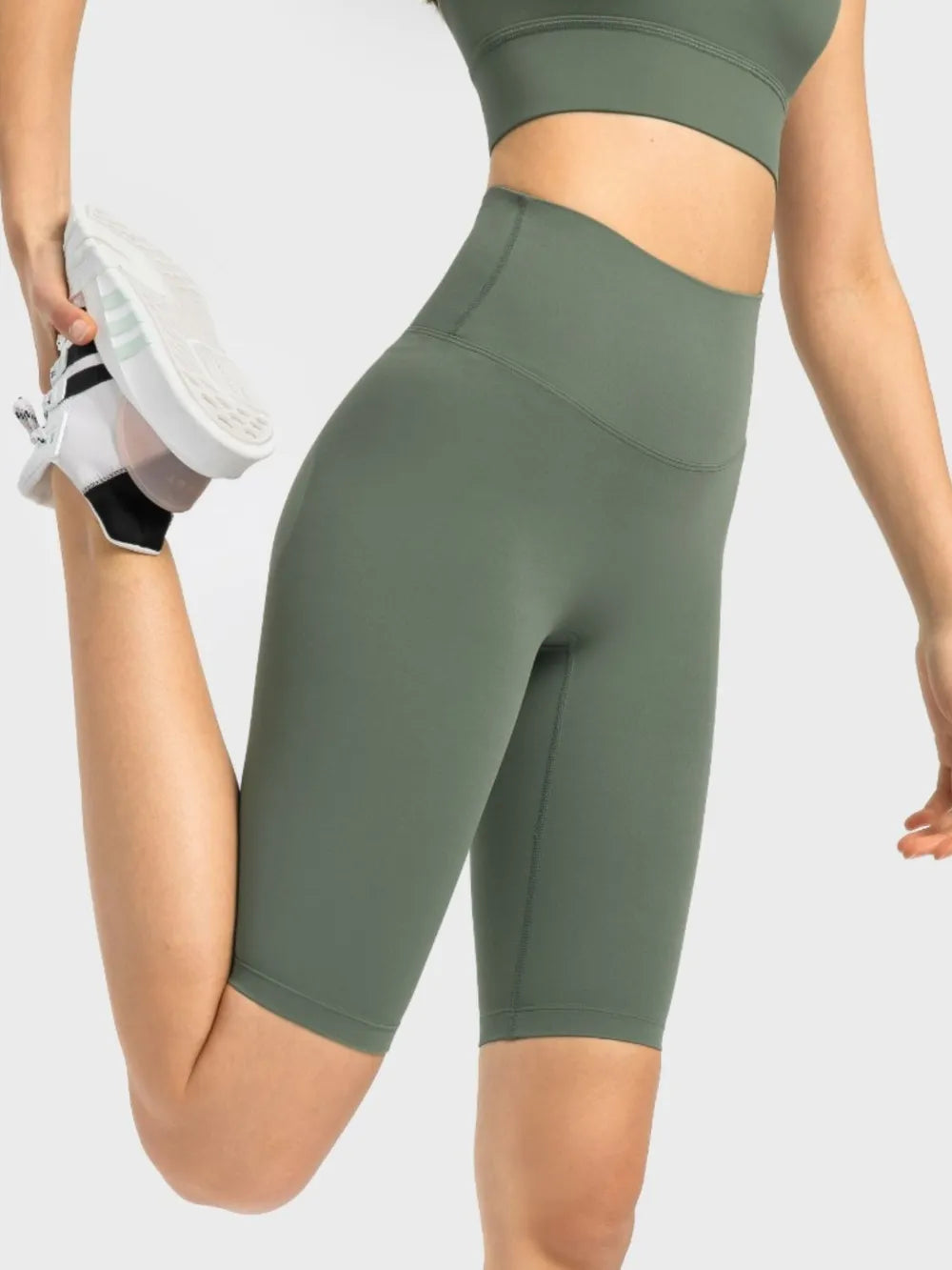 High Rise Wide Waistband Active Shorts in Dark Gray in Matcha Green for Women