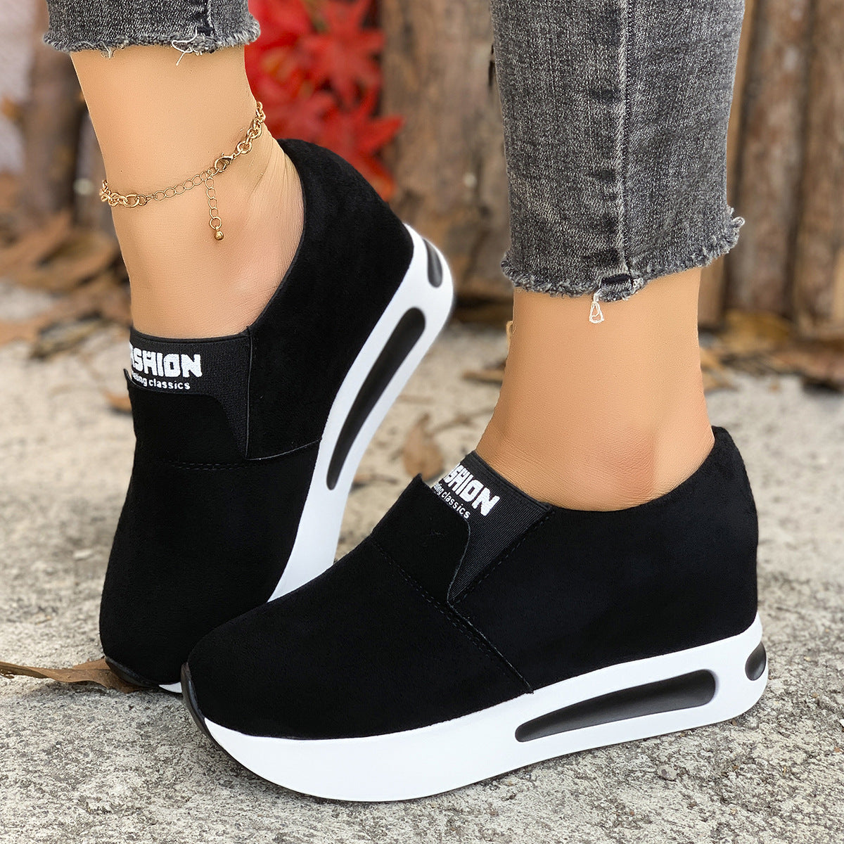 Round Toe Platform Slip-Ons in Black for Women