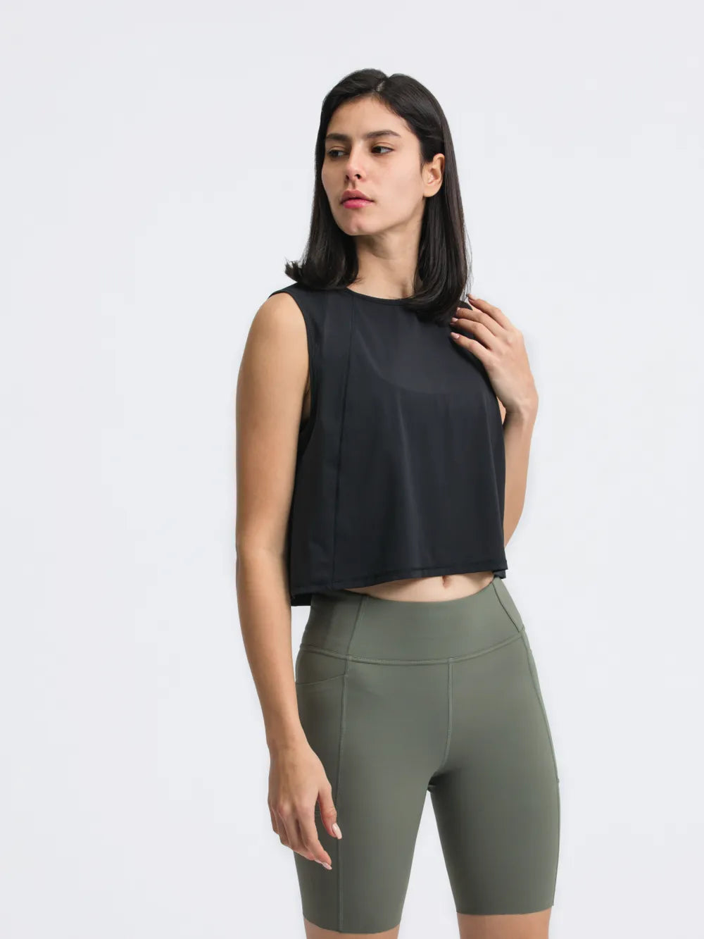 Round Neck Cropped Active Tank in Moss for Women