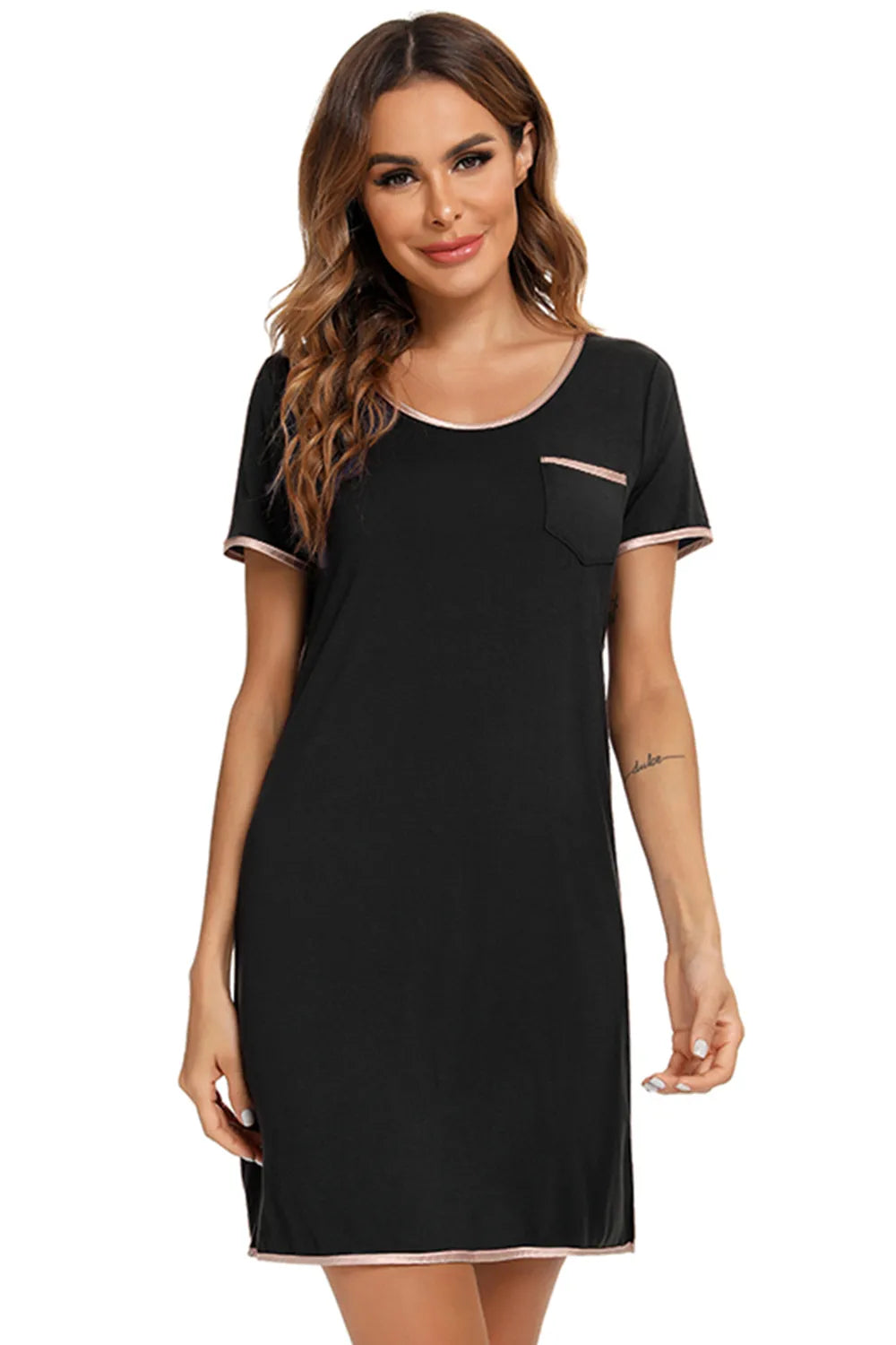 Contrast Trim Pocketed Round Neck Lounge Dress in Black for Women