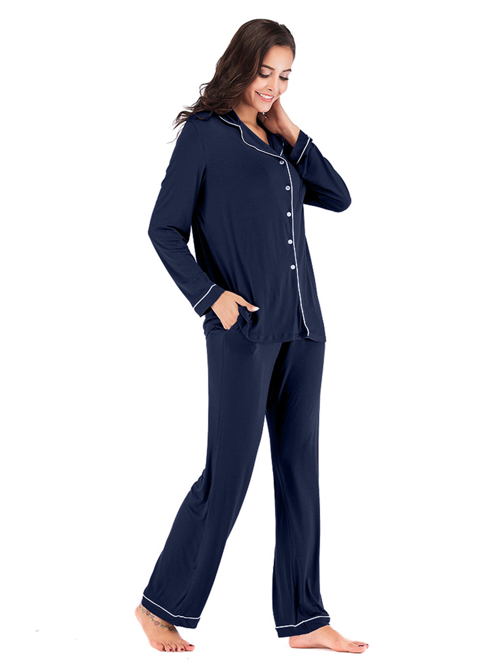 Collared Neck Long Sleeve Loungewear Set with Pockets in Navy for Women