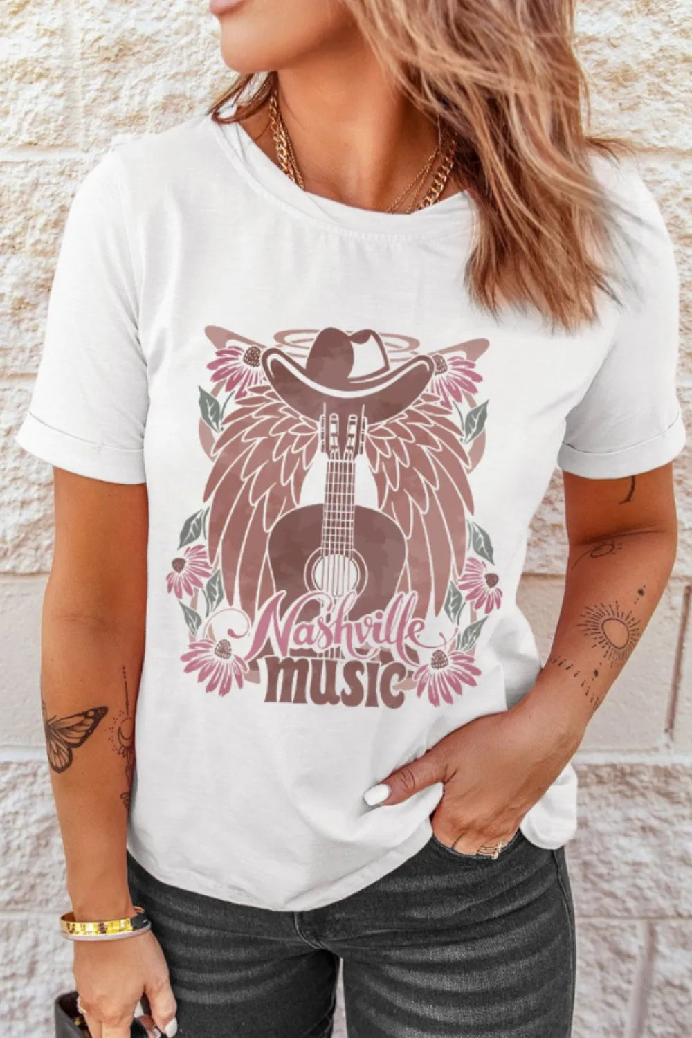 Nashville Music Guitar Wings Graphic Round Neck T-Shirt in White for Women