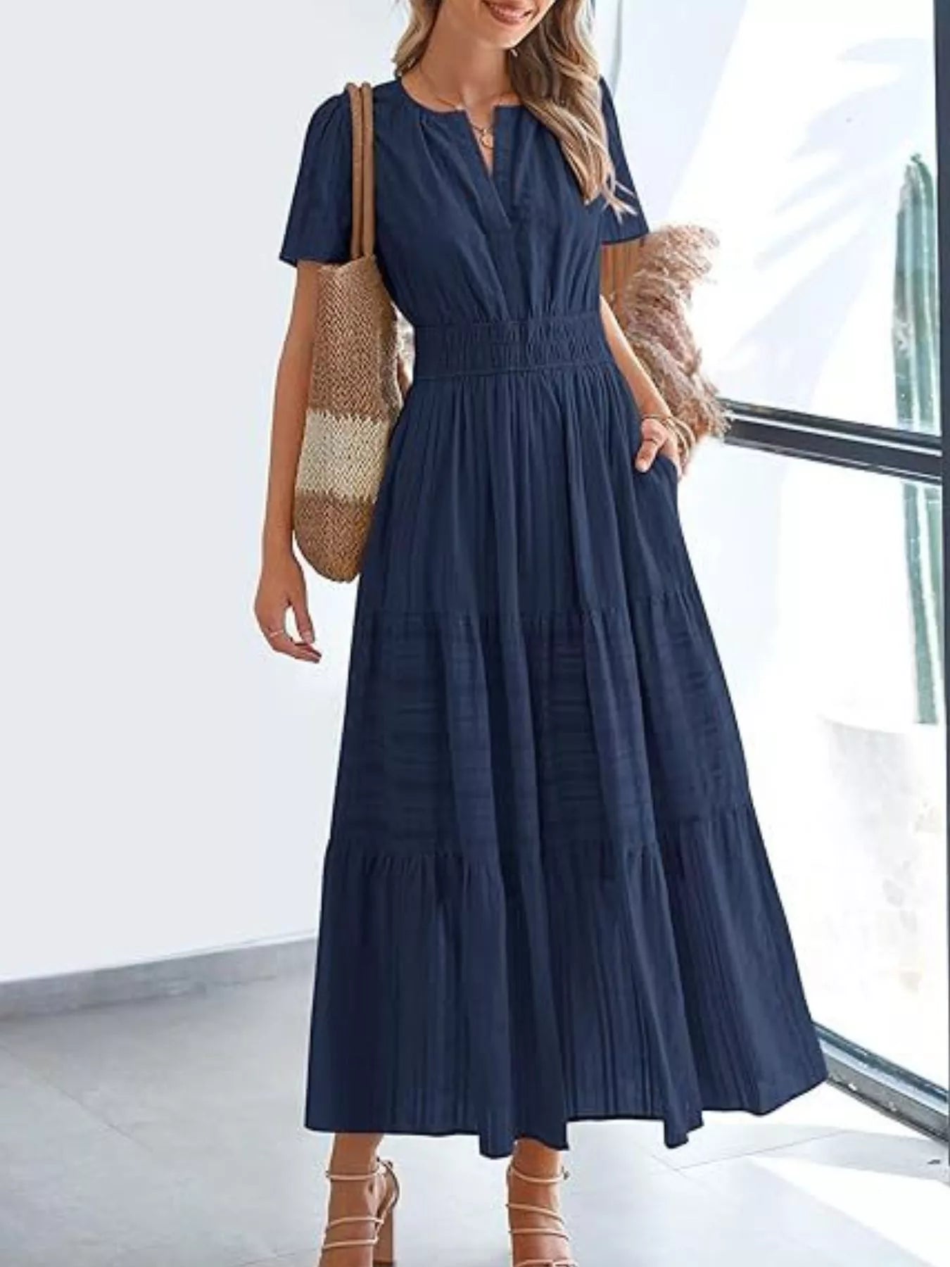 Plus Size Short Sleeve Tiered Midi Dress in Dark Blue for Women
