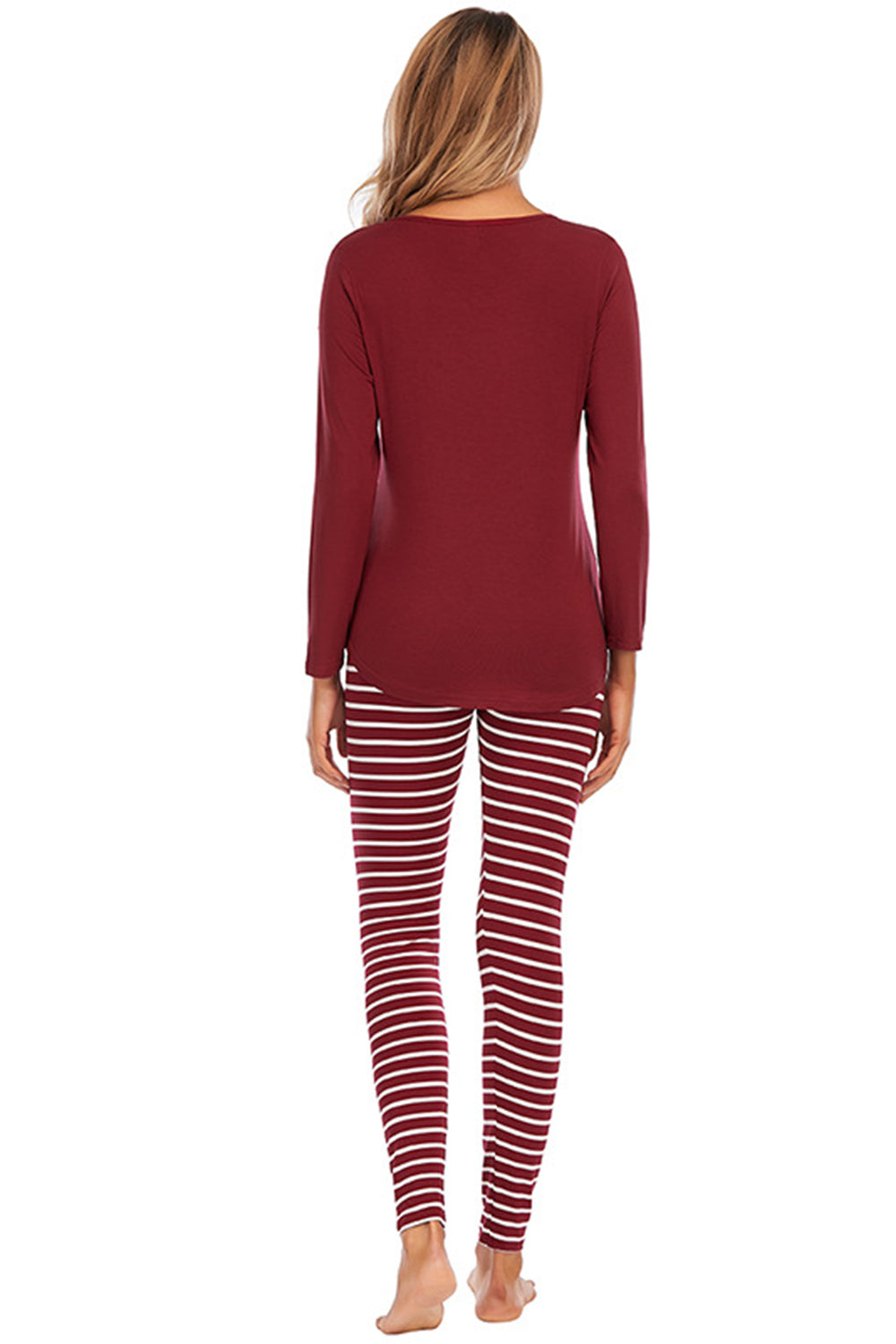 Graphic Round Neck Top and Striped Pants Set in Wine for Women