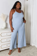 Plus Size Spaghetti Strap V-Neck Jumpsuit in Light Blue for Women