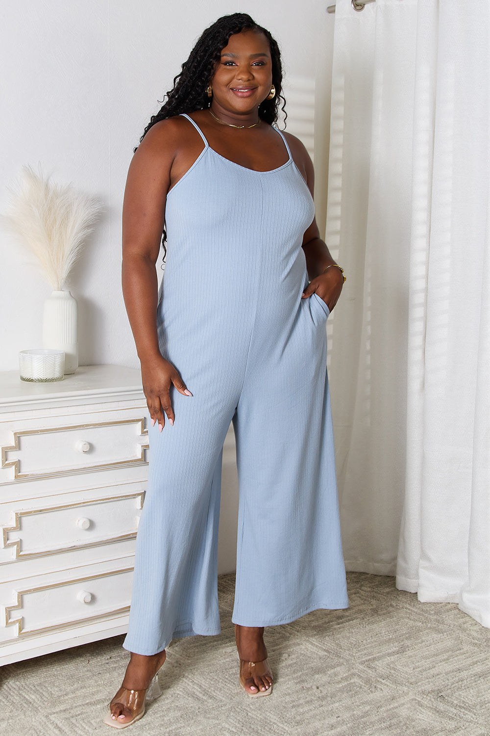 Plus Size Spaghetti Strap V-Neck Jumpsuit in Light Blue for Women