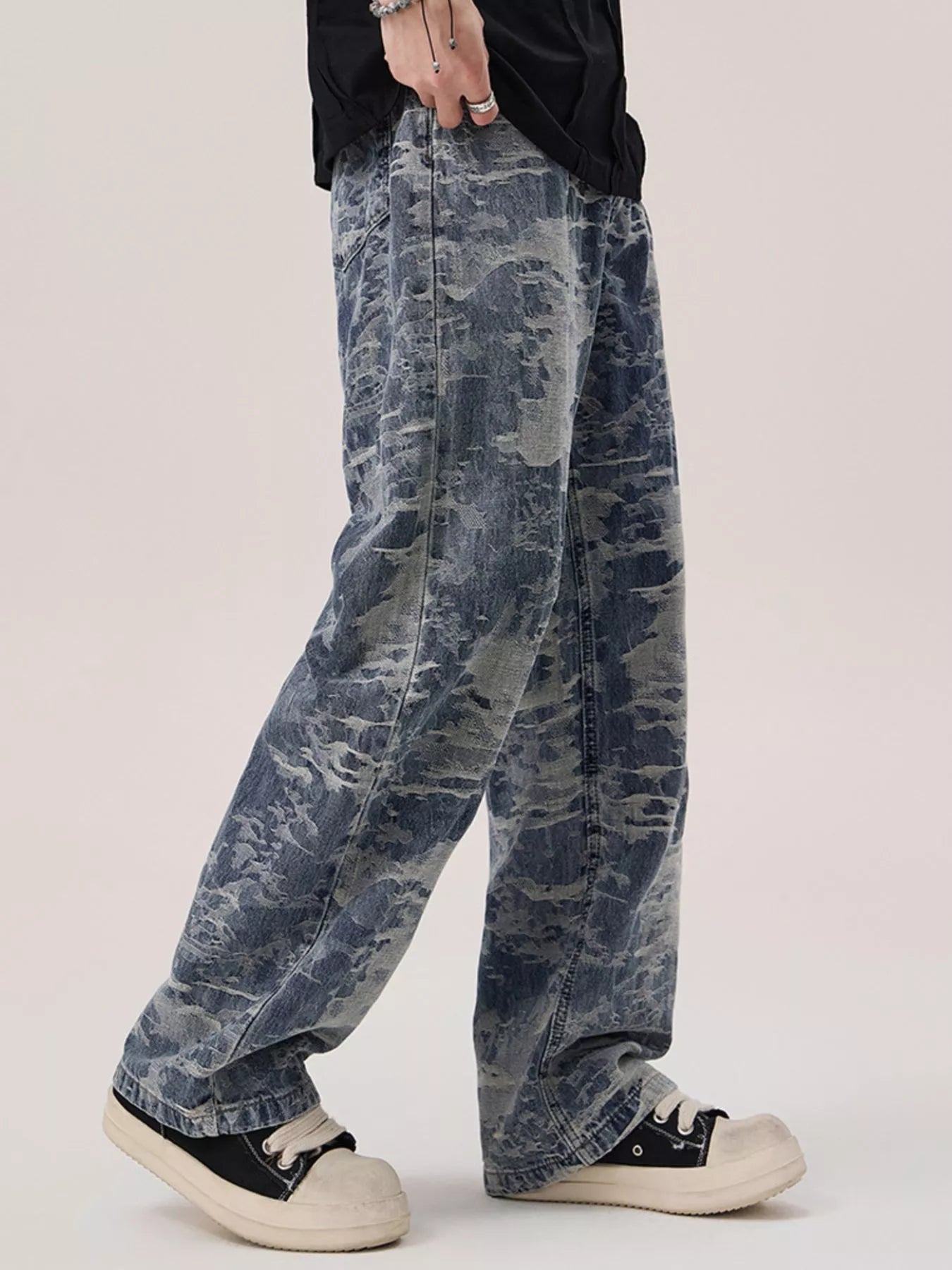 Wash Wide Leg Jeans in Blue Jacquard for Men