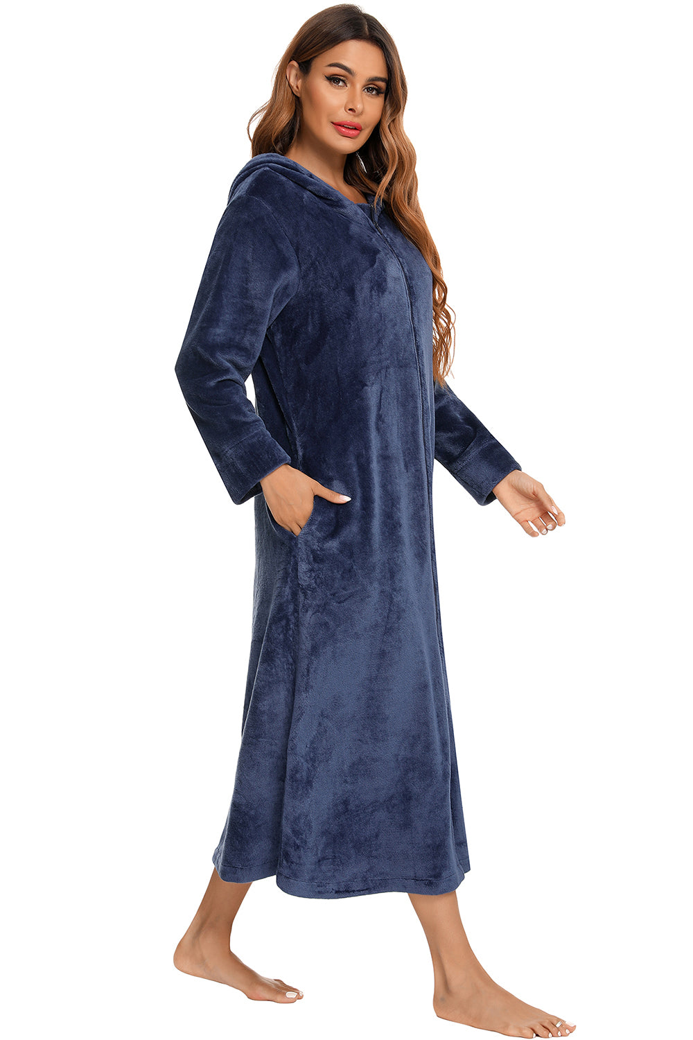 Zip Front Hooded Night Dress with Pockets in Black in Charcoal for Women