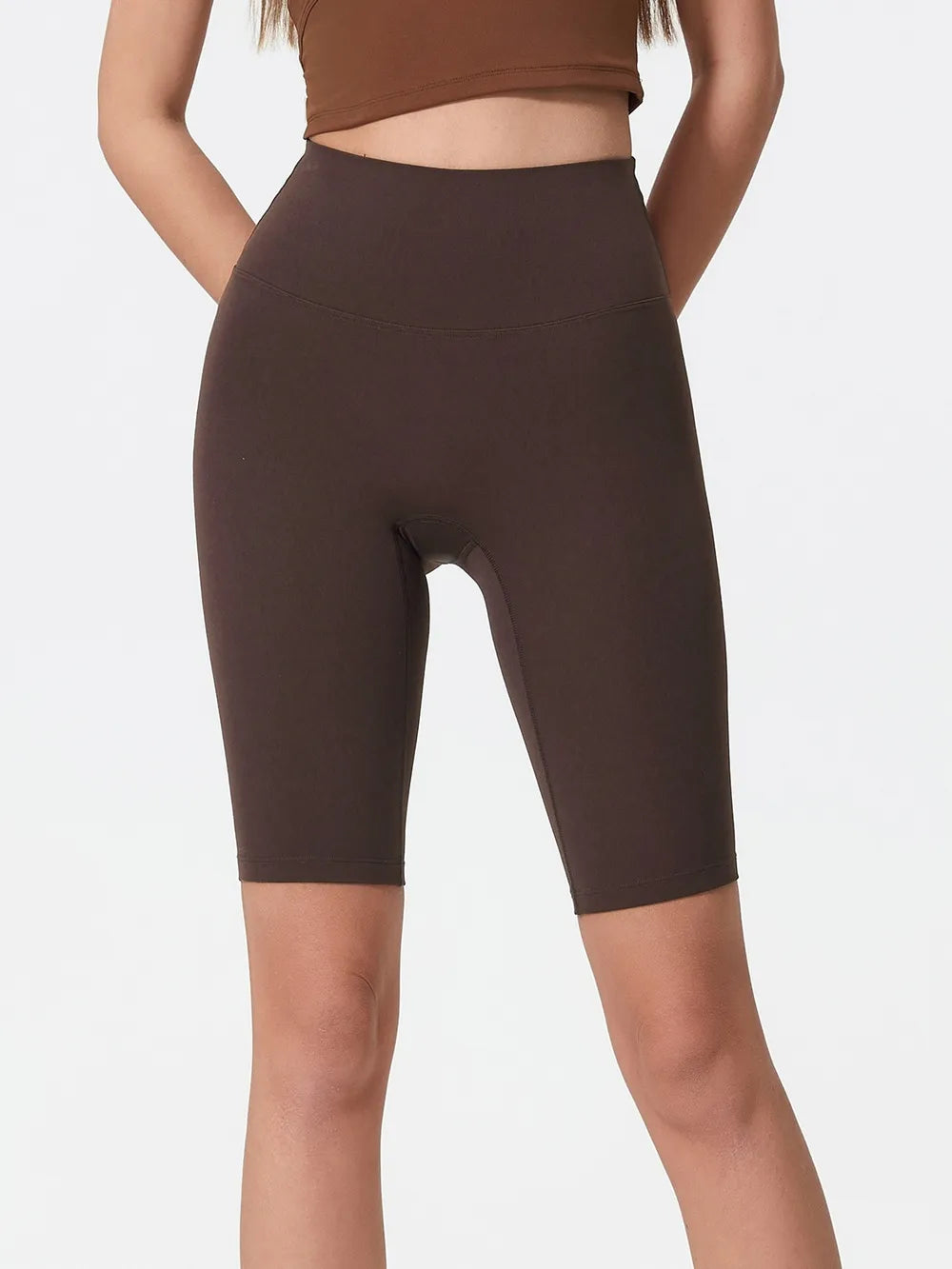 High Rise Wide Waistband Active Shorts in Dark Brown for Women