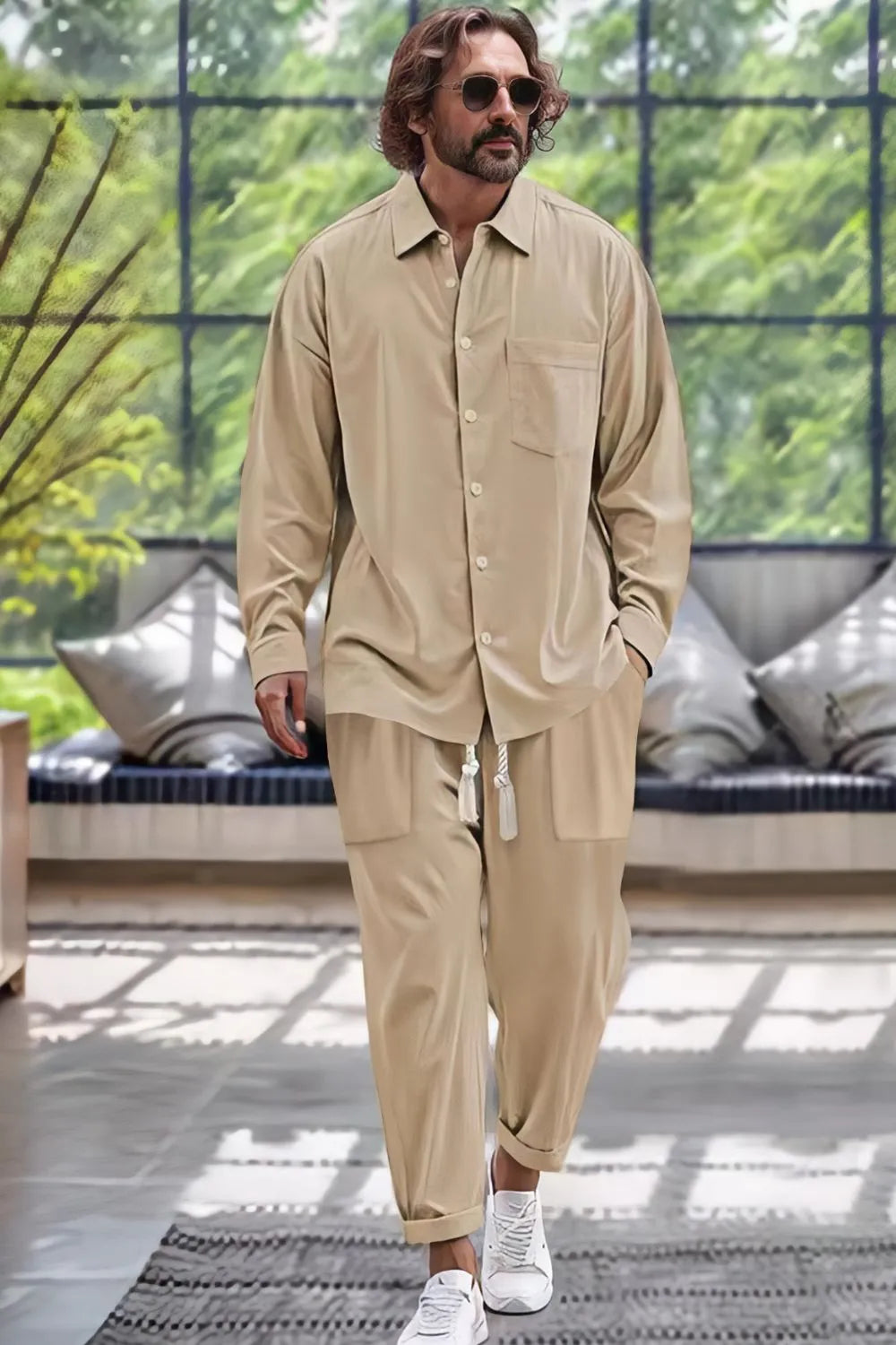 Collared Neck Long Sleeve Top and Pants Set Plus Size in Light Blue for Men