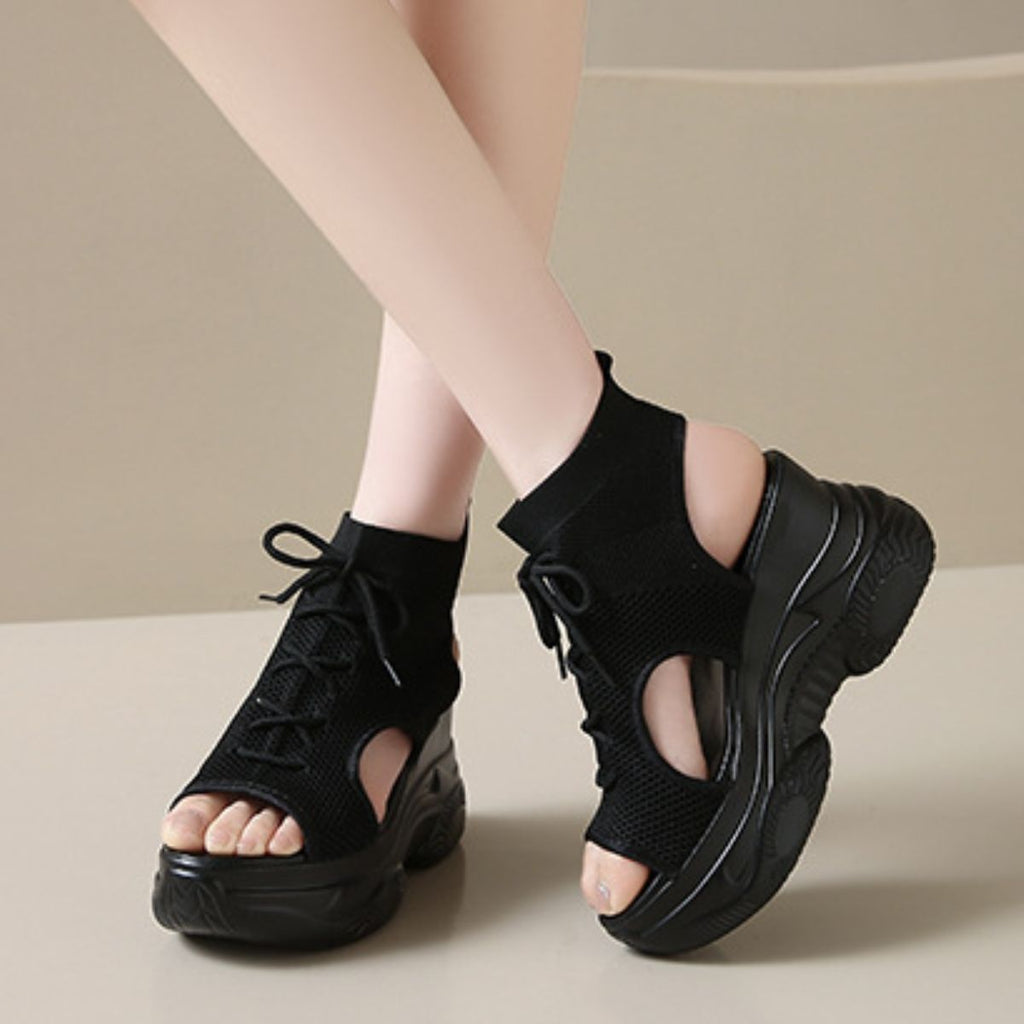 Cutout Mesh Wedge Sandals in White Lace for Women