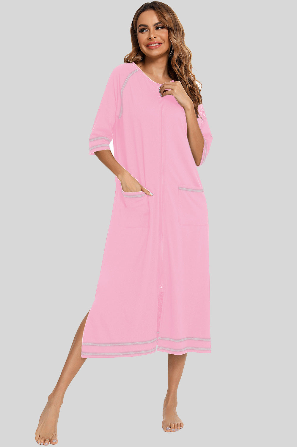 Zip Up Slit Round Neck Night Dress with Pockets in Heather Gray for Women