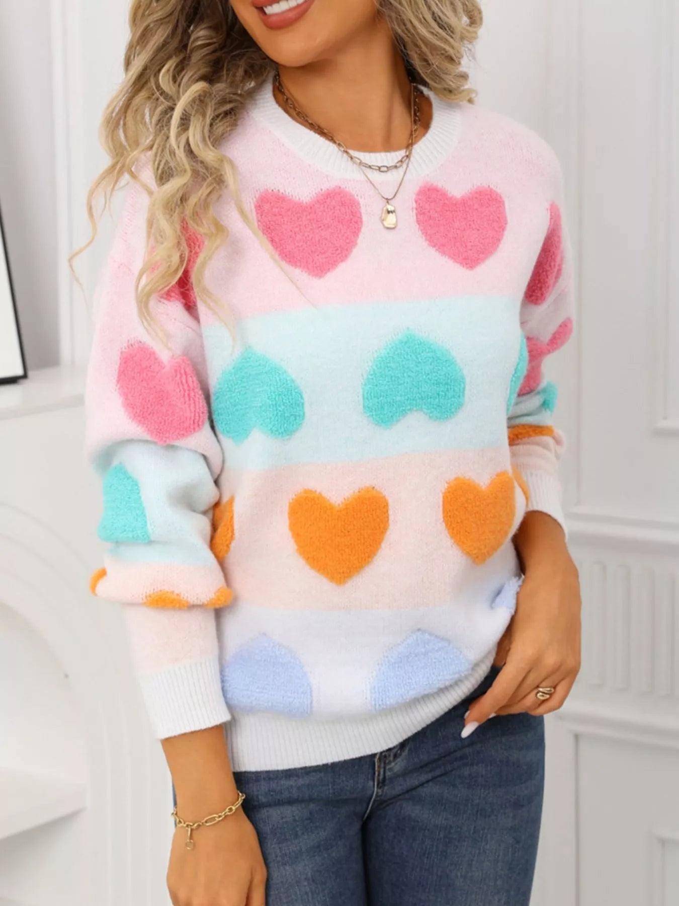 Valentines Day Heart Pattern Fuzzy Knit Sweater in Green for Women