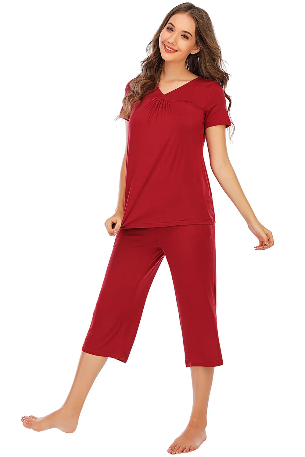 V-Neck Short Sleeve Top and Pants Lounge Set in Scarlet for Women