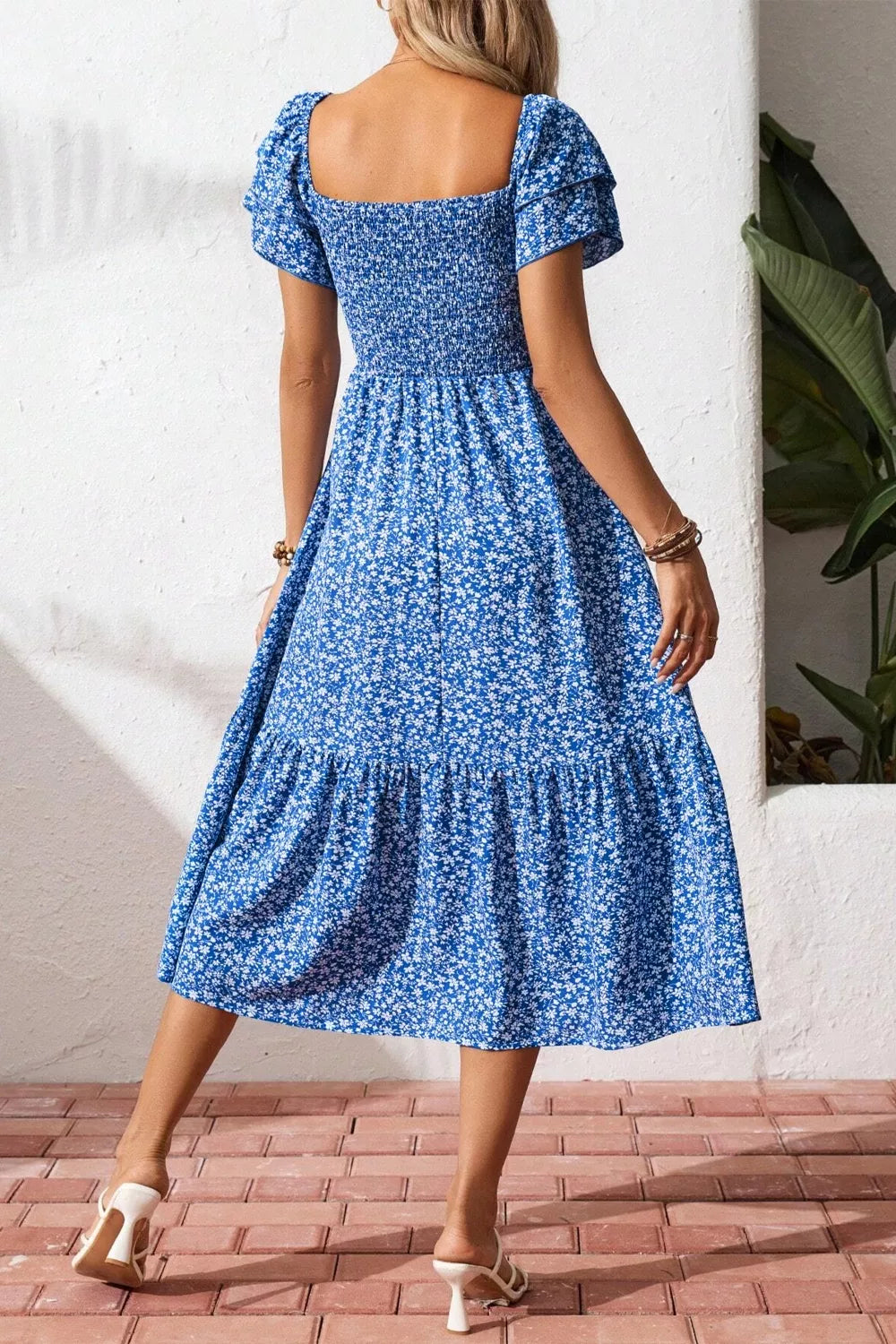 Ditsy Floral Print Smocked Square Neck Ruffle Short Sleeve Dress in Dusty Blue for Women