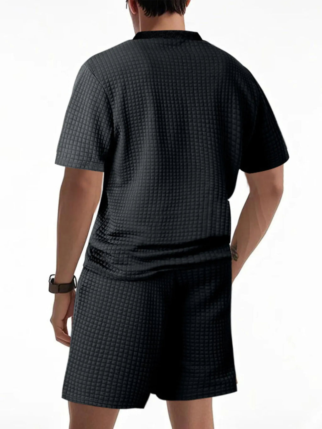 Textured Round Neck Top and Shorts Set Plus Size in Black for Men