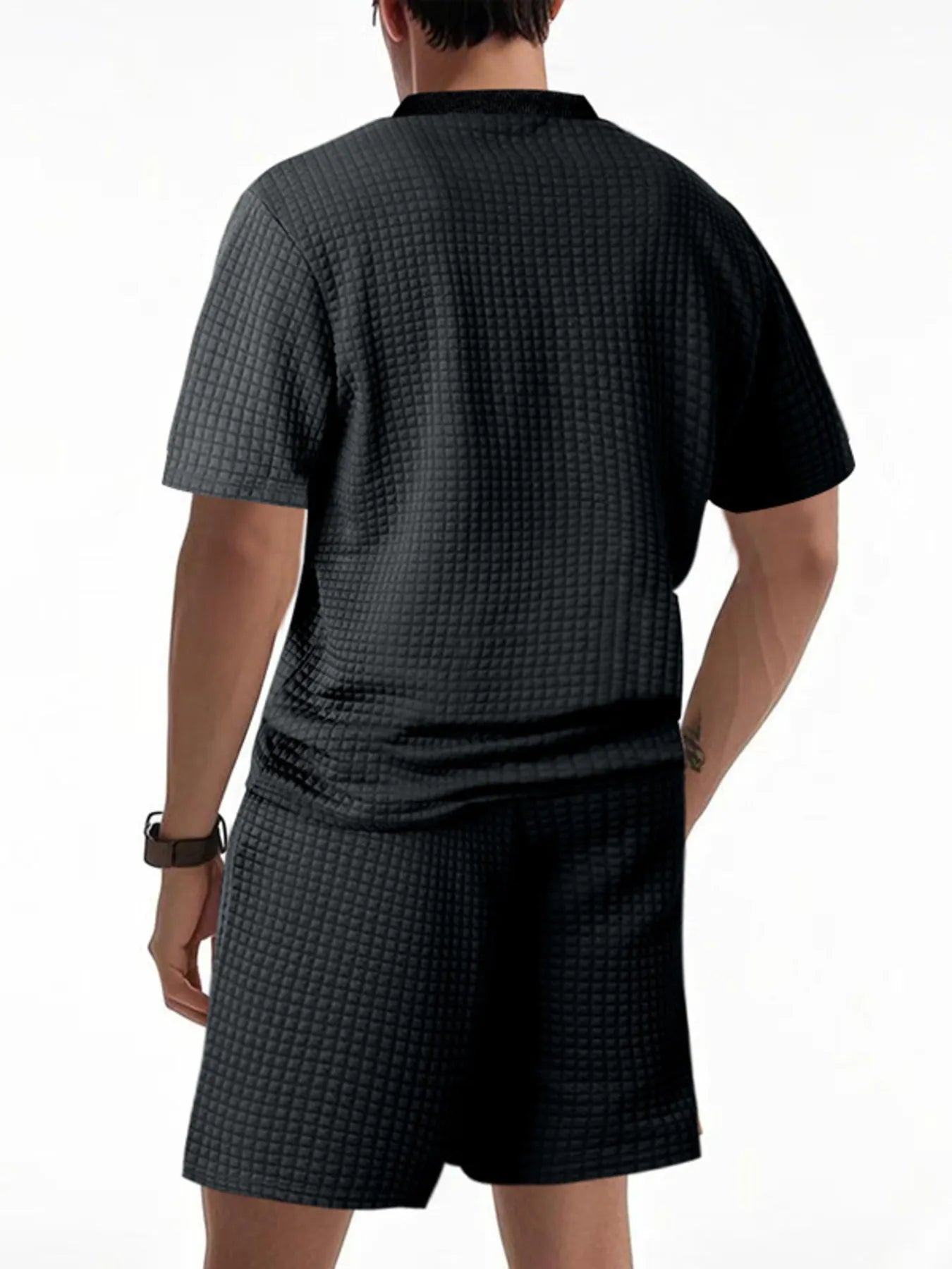 Textured Round Neck Top and Shorts Set Plus Size in Black for Men