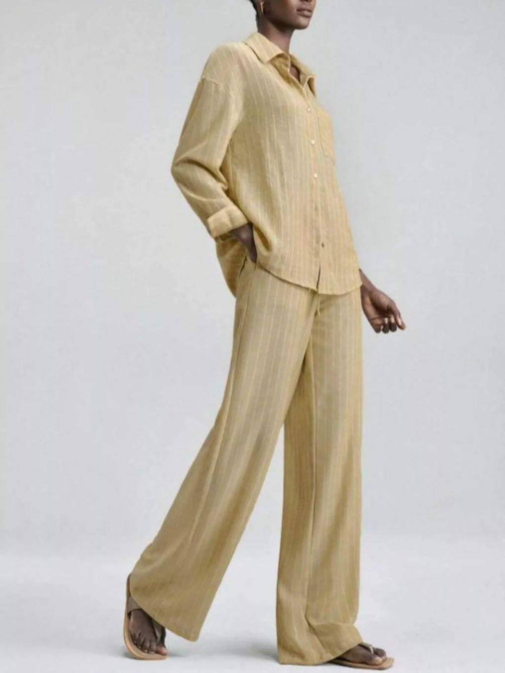 Striped Button Up Shirt and Pants Set in Pastel Yellow for Women