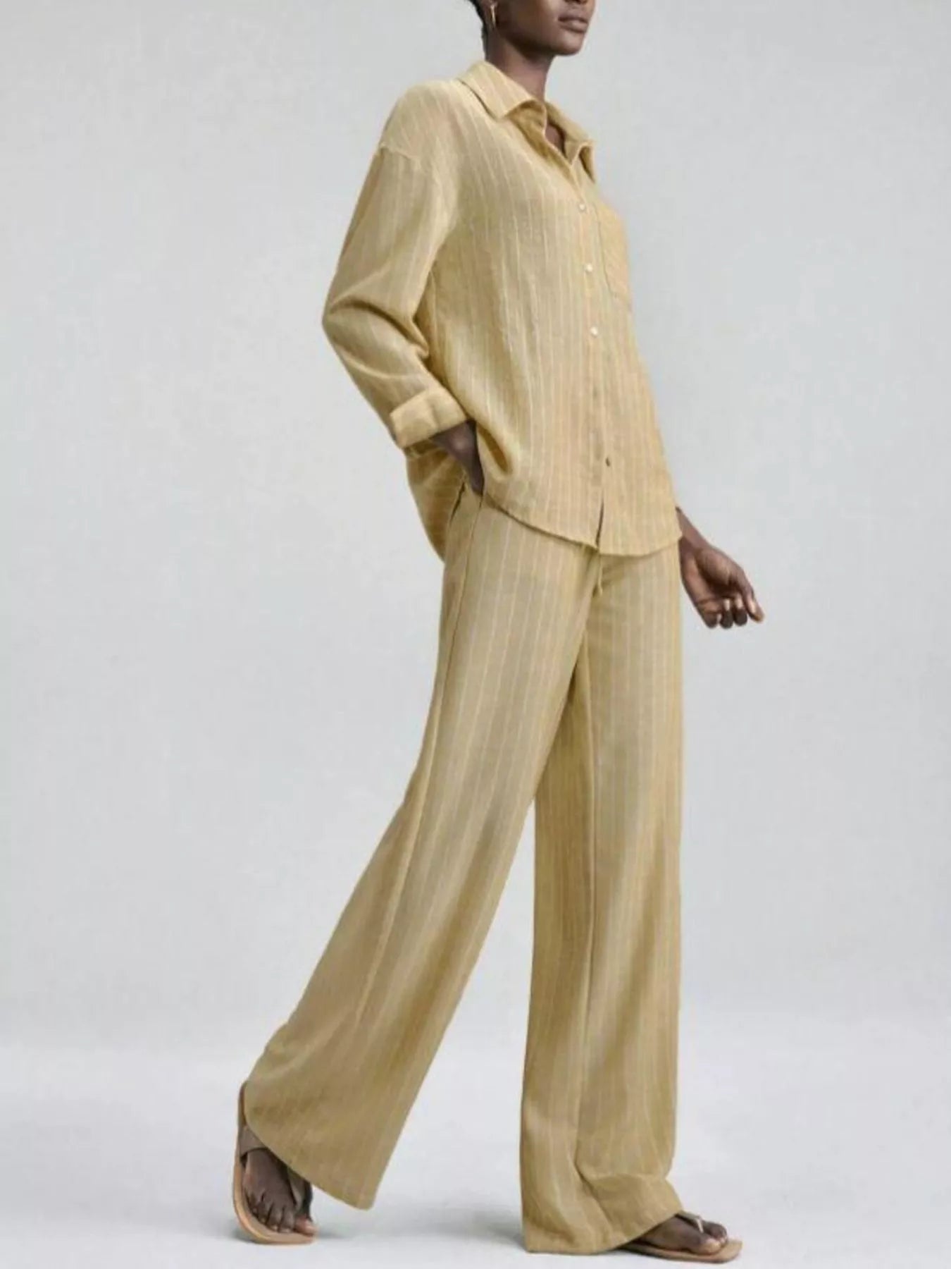 Striped Button Up Shirt and Pants Set in Pastel Yellow for Women