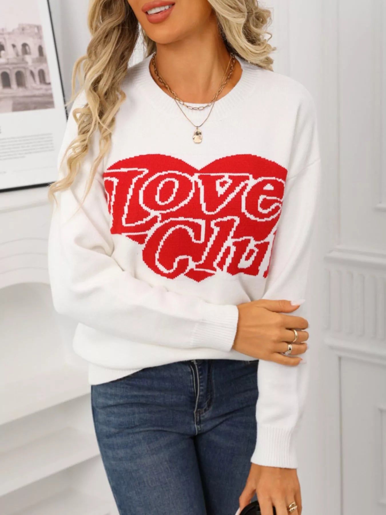 Valentines Day Love Club Heart Graphic Sweater in White for Women