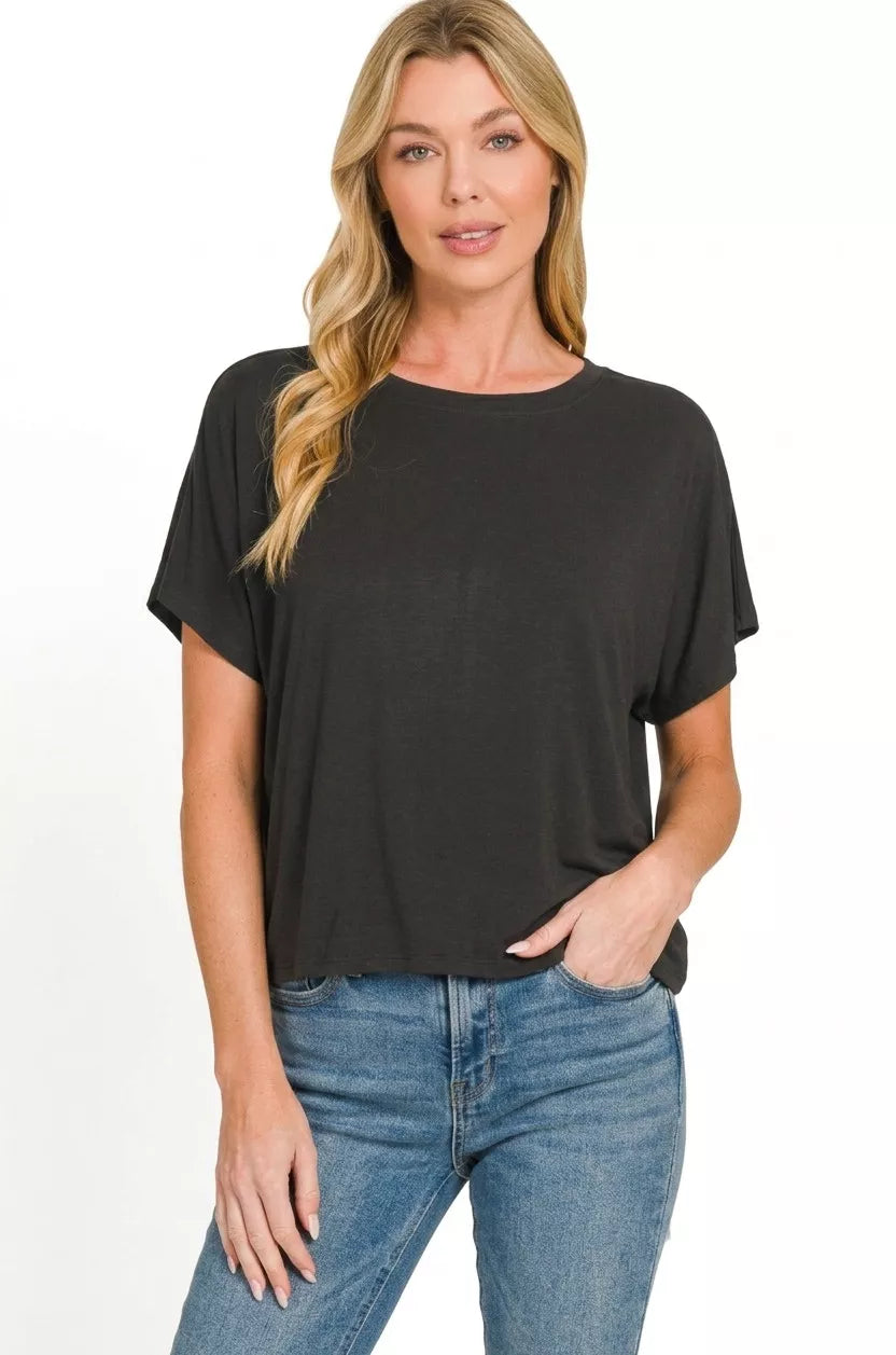 Round Neck Short Sleeve Cropped T-Shirt in Black for Women