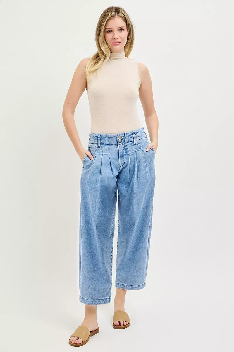 Slouchy Crop Barrel Pleated Jeans in Medium for Women