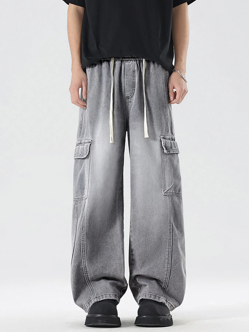 Plus Size Wash Wide Leg Cargo Jeans in Vintage Blue for Men