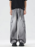 Plus Size Wash Wide Leg Cargo Jeans in Vintage Blue for Men
