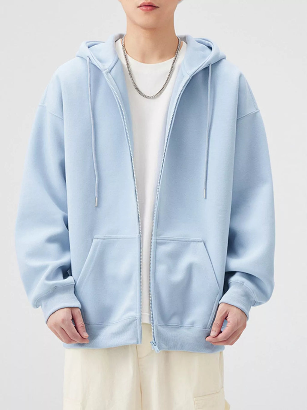 Casual Loose Fit Zip-Up Hoodie in White Gray for Men