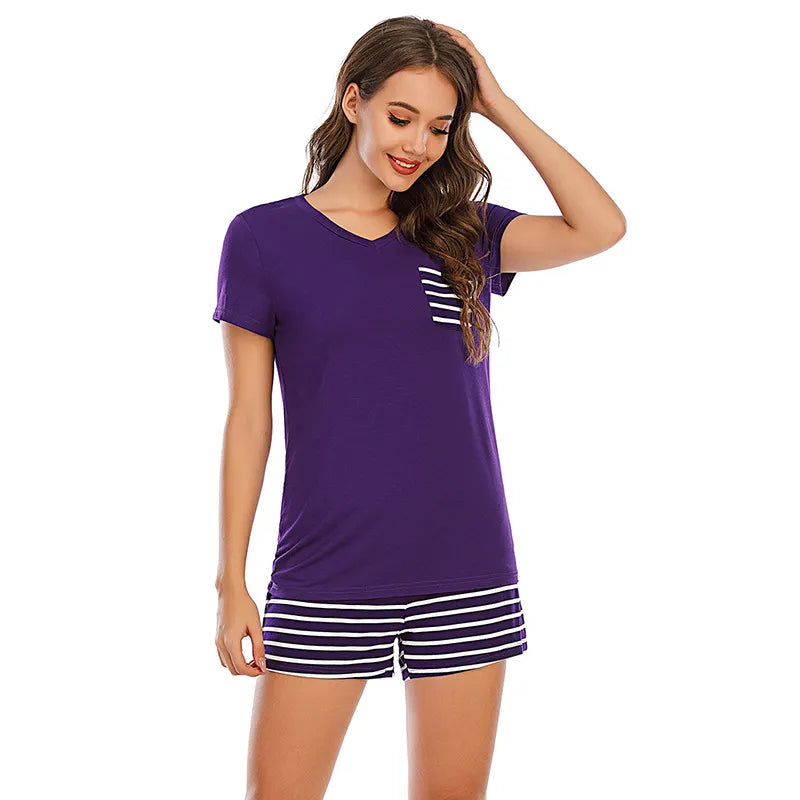 Striped Short Sleeve Top and Shorts Lounge Set in Burgundy for Women