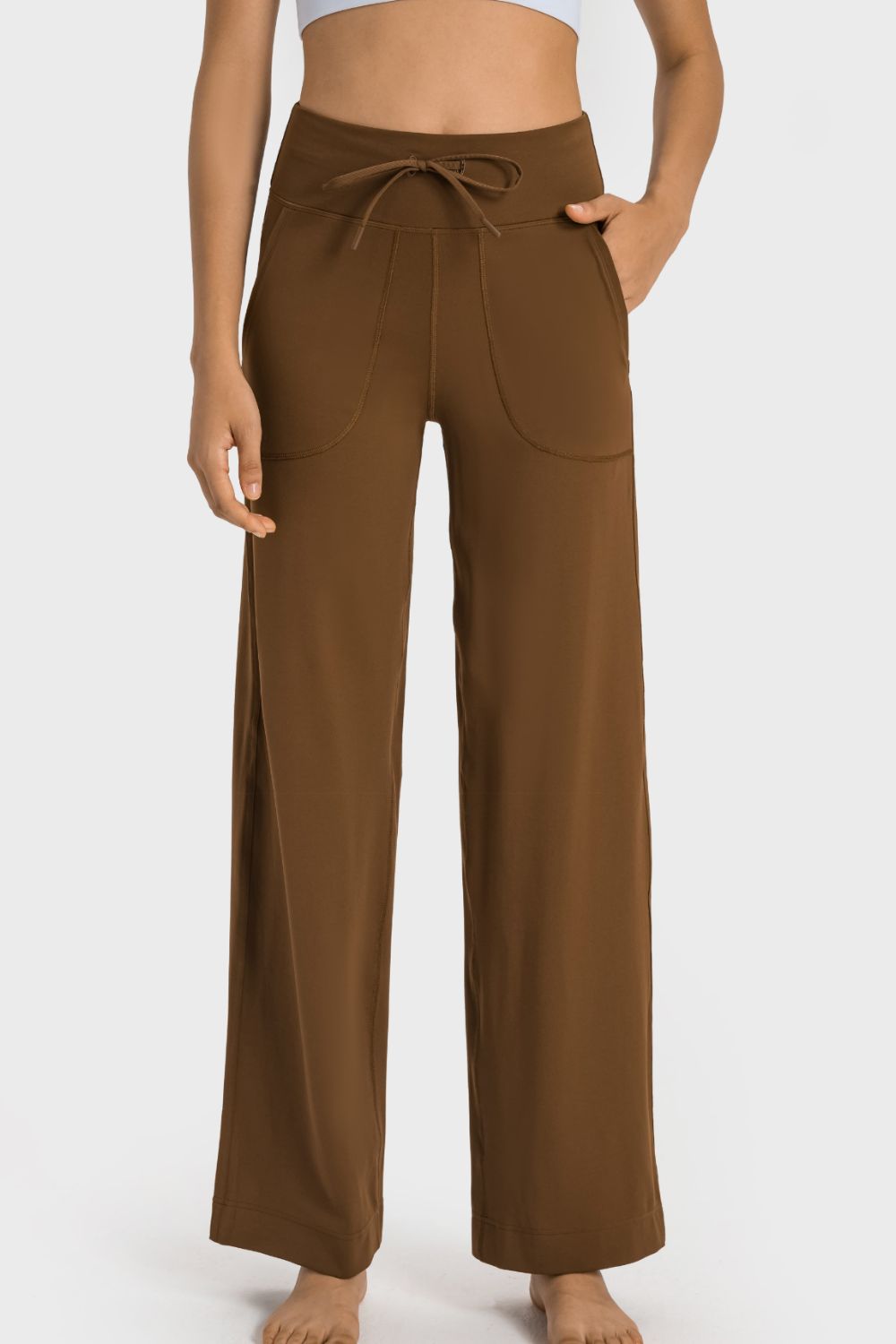 Drawstring Waist Wide Leg Sports Pants with Pockets in Sage for Women