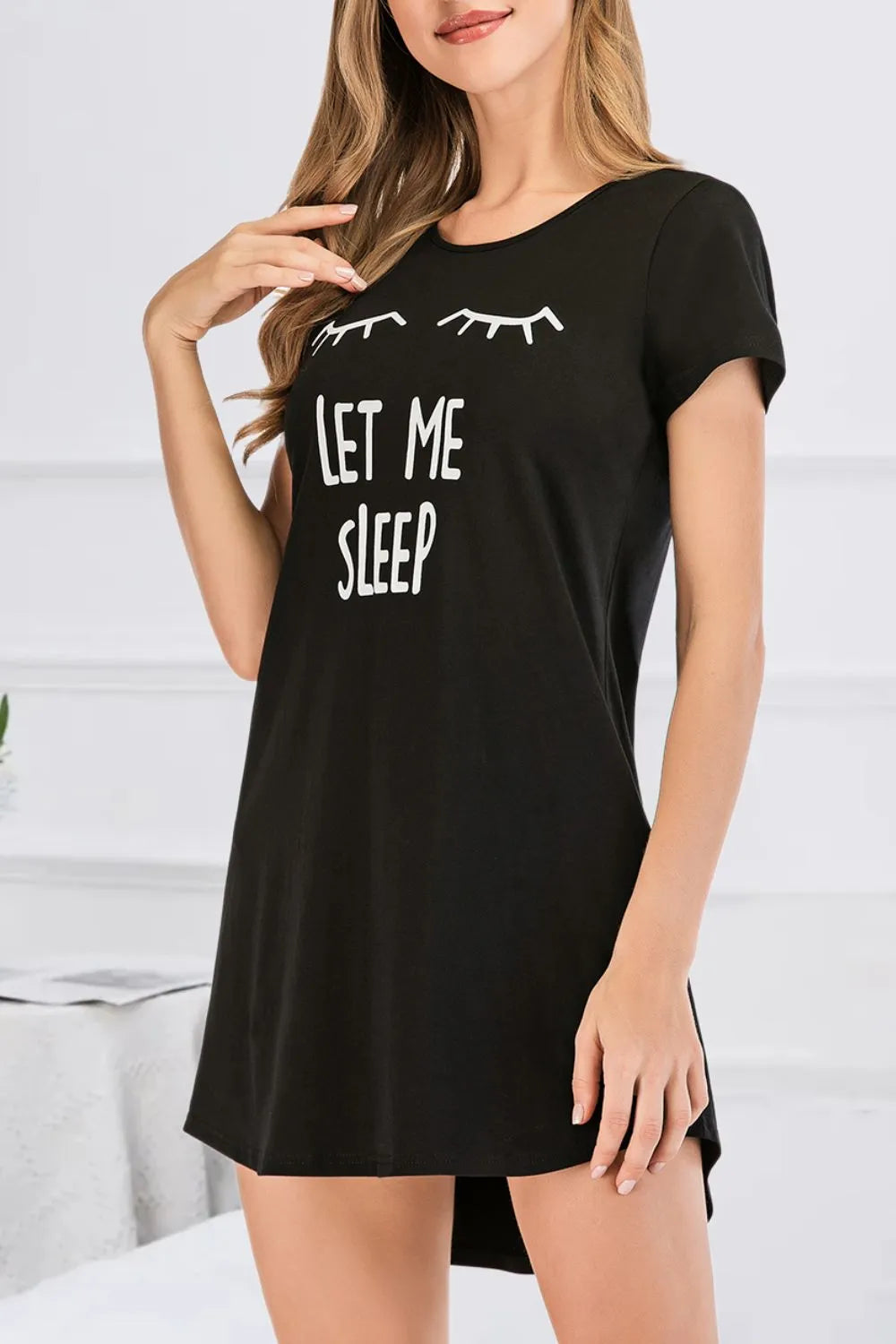 Graphic Round Neck Short Sleeve Lounge Dress in Black for Women