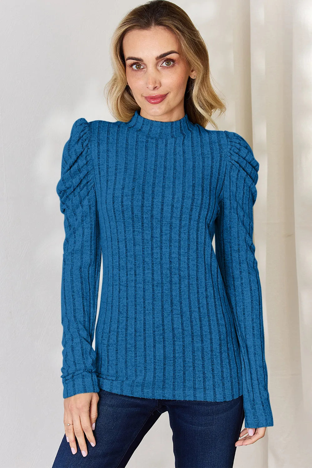 Plus Size Ribbed Mock Neck Puff Sleeve T-Shirt in Sky Blue for Women
