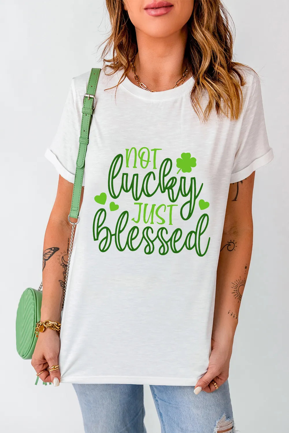Not Lucky Just Blessed Round Neck T-Shirt in White for Women