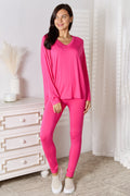 Plus Size V-Neck Soft Rayon Long Sleeve Top and Pants Lounge Set in Hot Pink for Women