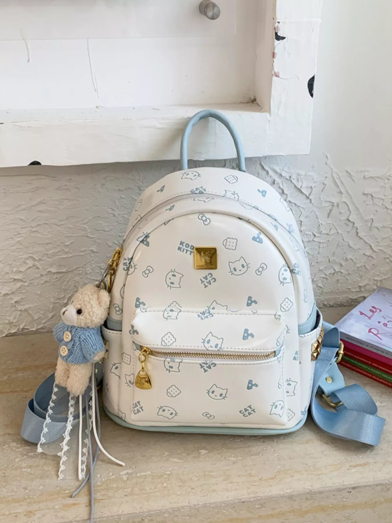 Cartoon Pattern Backpack Bag with Bear Pendant for Women