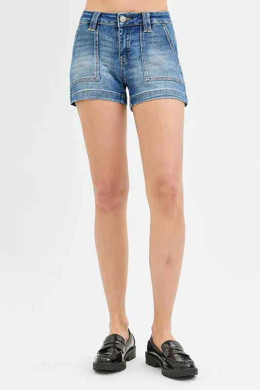 Low Rise Patched Pocket Shorts in Medium for Women