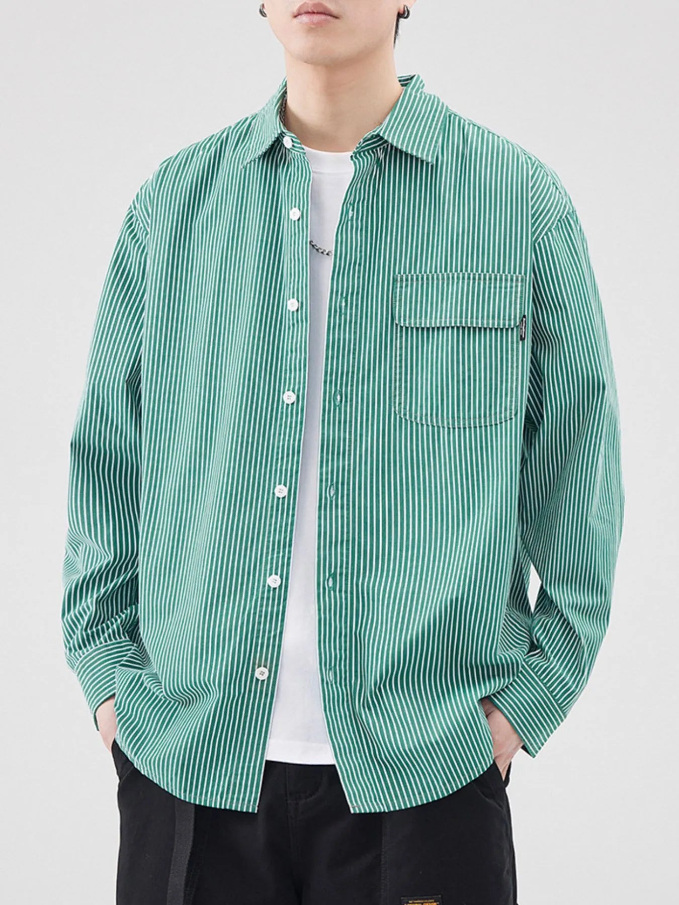 Plus Size Striped Button Up Long Sleeve Shirt in Blue in Green for Men