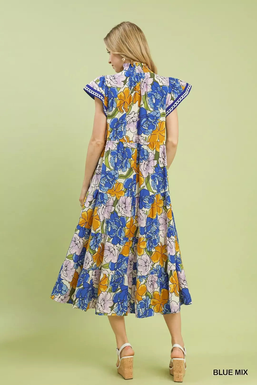 Mix Bold Floral Tiered Midi Dress in Blue Mix for Women